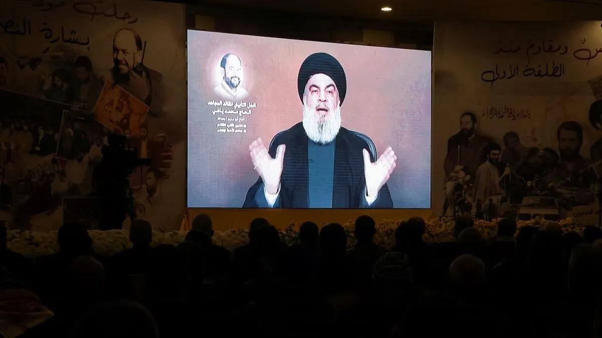 Lebanon's Hezbollah leader Sayyed Hassan Nasrallah gives a televised address.   [Credit: Reuters]