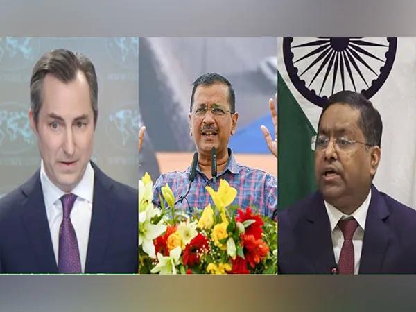 MEA spokesperson Mathew Miller, Delhi CM Arvind Kejriwal and MEA spokesperson Randhir Jaiswal