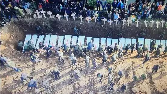 A view of the mass burial of 19 victims of Manipur’s ethnic conflict that at Phaijang village in Kangpokpi district on Friday