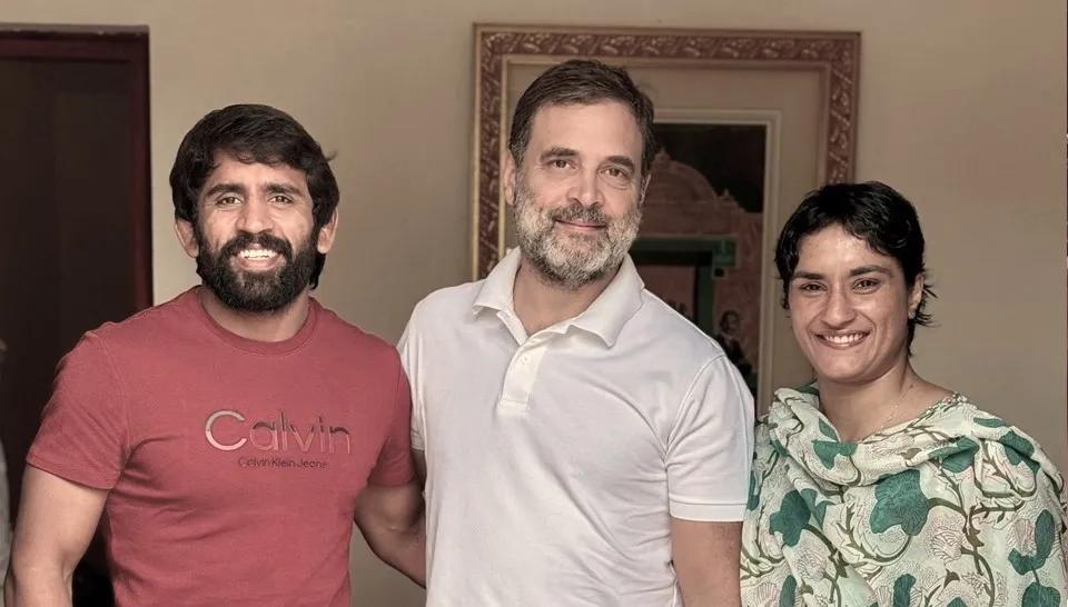 Bajrang Punia, Vinesh Phogat and Rahul Gandhi