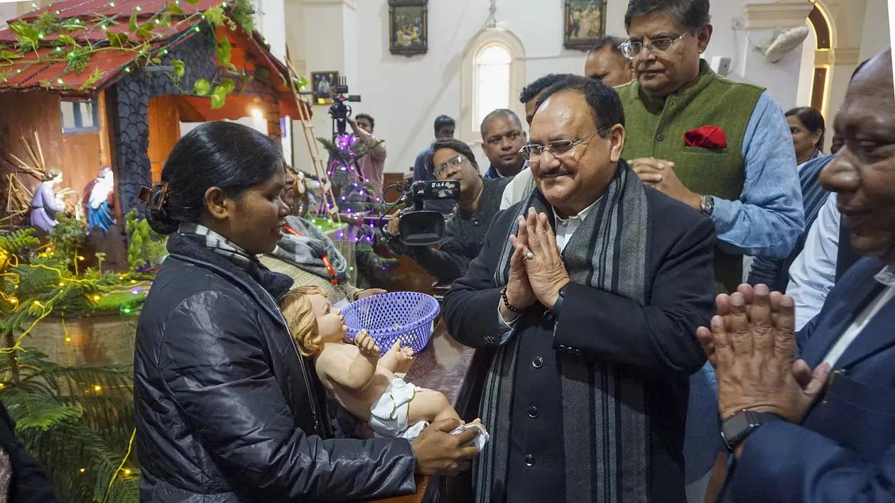 BJP National President JP Nadda visits the Sacred Heart Cathedral Church on the occasion of Christmas, in New Delhi, Monday, December 25, 2023.