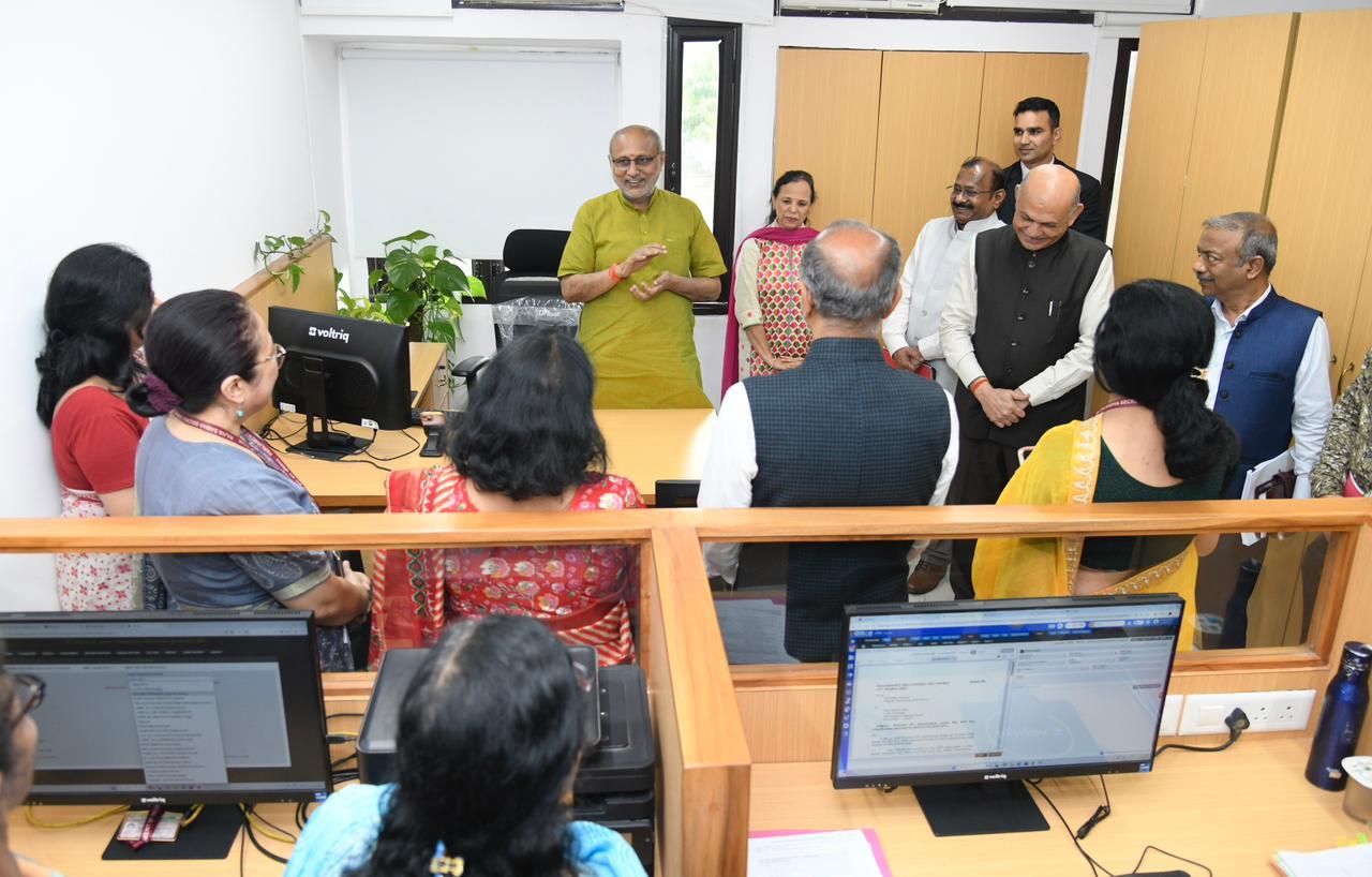 VP Radhakrishnan interacts with staff at Rajya Sabha Secretariat