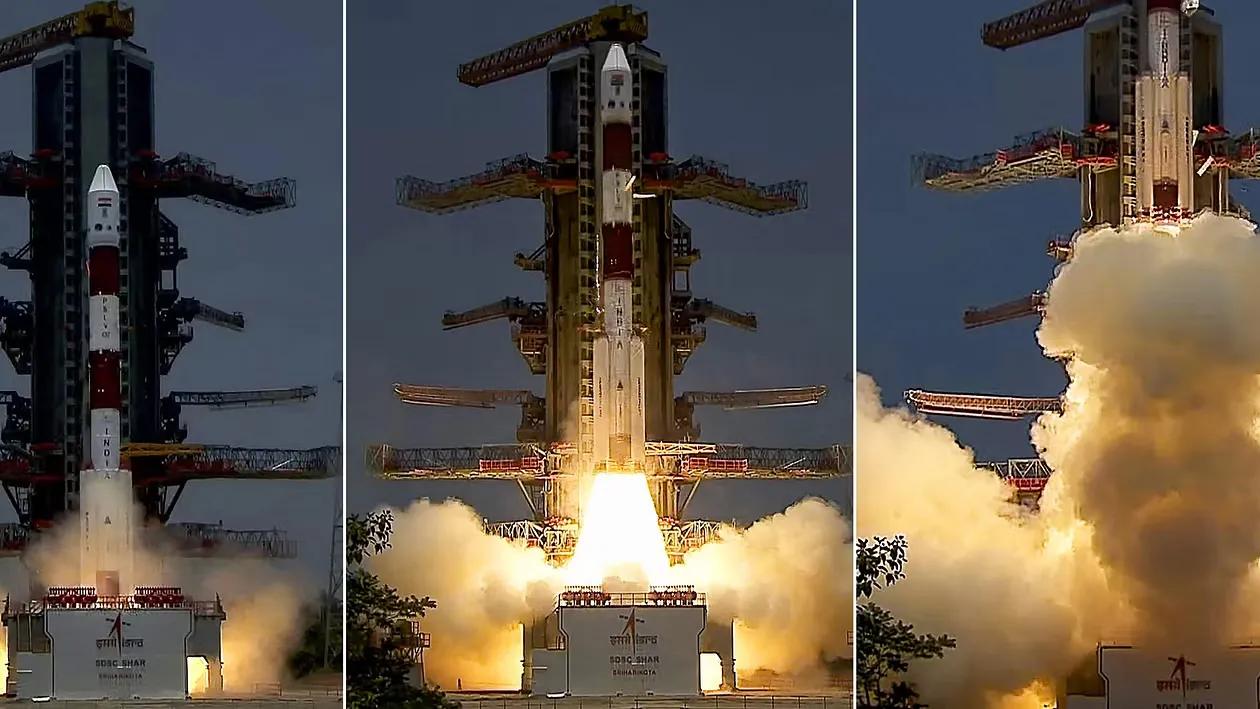 A combo of three photos shows the launch of India's first solar mission 'Aditya-L1', at Satish Dhawan Space Centre, in Sriharikota.