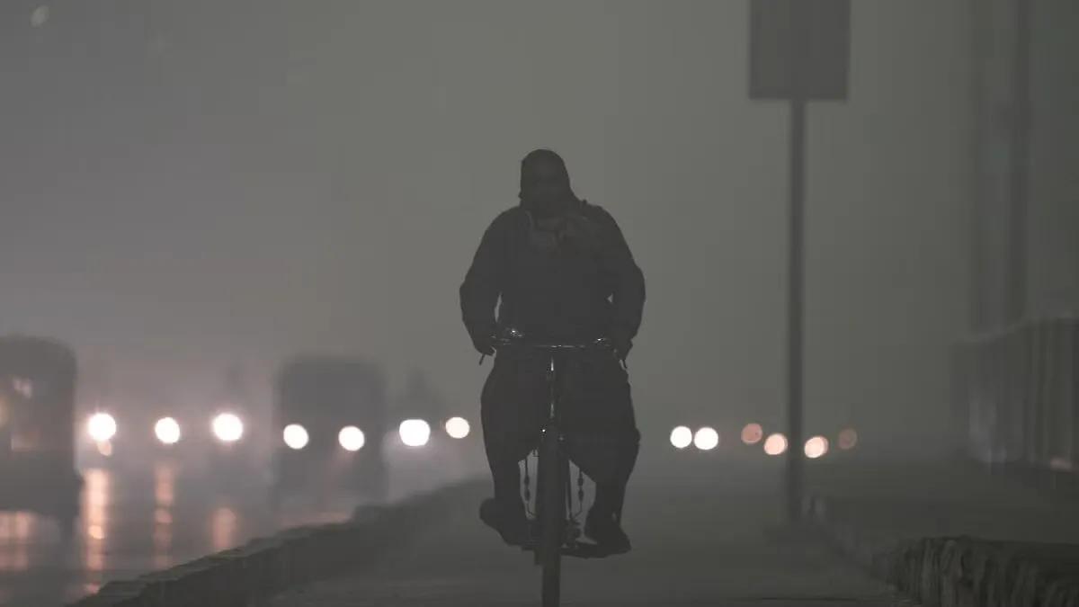 A man pedals bicycle on footbath as vehicles ply on a road amid dense fog in New Delhi.