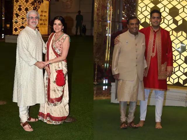 Mukesh Ambani-Akash Ambani and Viren Merchant-Shaila Merchant pose for paps at Anant-Radhika's Haldi.