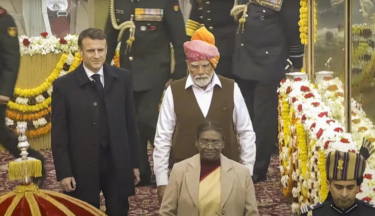 President Droupadi Murmu, Emmanuel Macron and Narendra Modi