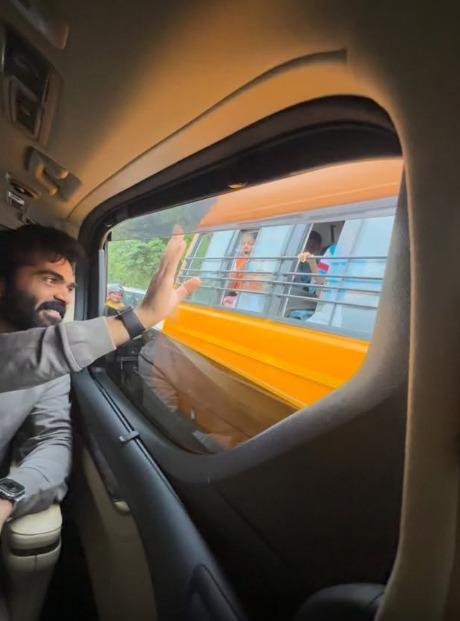 Silambarasan TR adorably greets children on their way to school