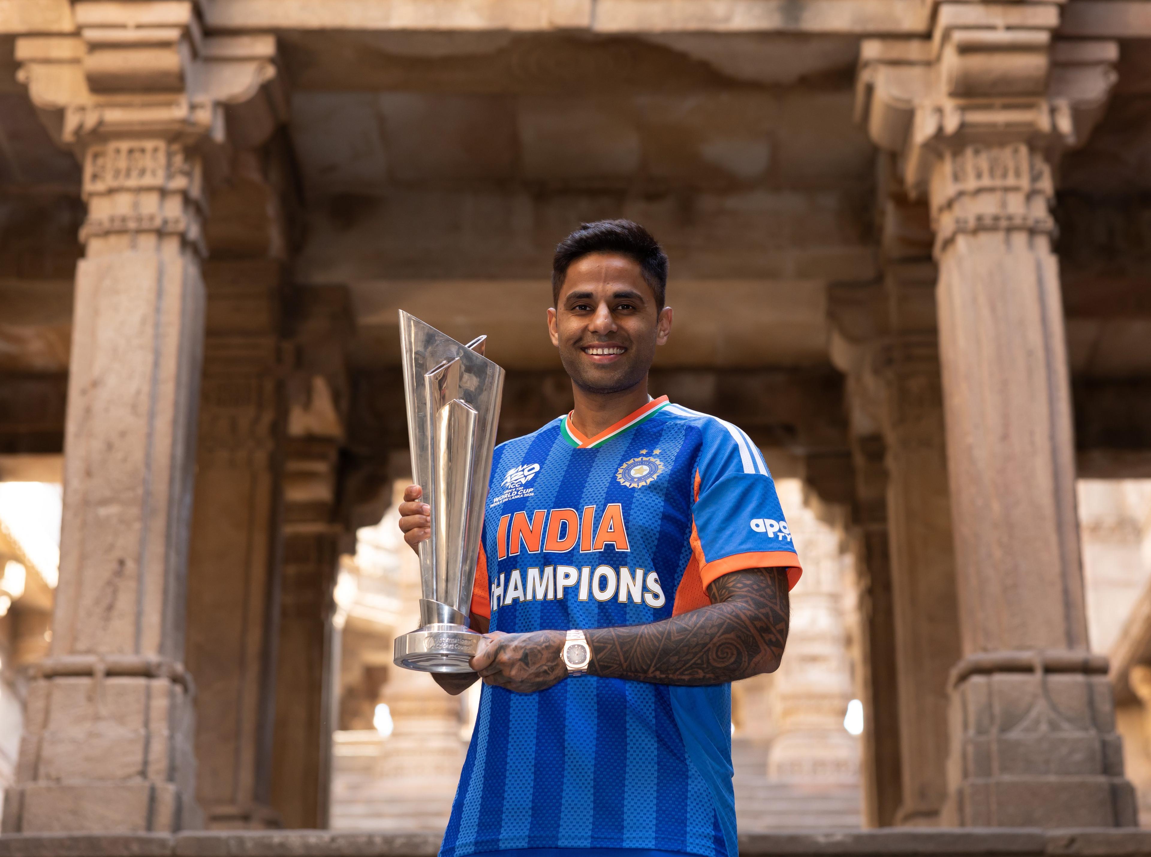 Suryakumar Yadav poses with T20 WC trophy at historic Adalaj Stepwell after India’s title triumph