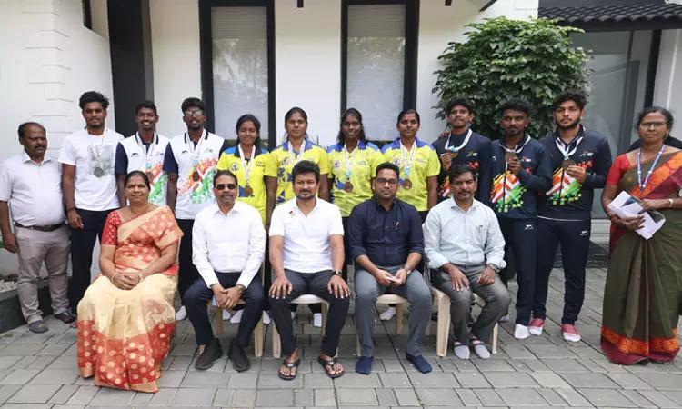 TN beach volleyball medalists felicitated by Deputy CM Udhayanidhi Stalin
